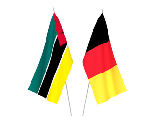 National fabric flags of Belgium and Republic of Mozambique isolated on white background. 3d rendering illustration.