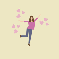 Happy young woman. A girl in love is surrounded by flying hearts. woman is happy from love. Romantic mood.
