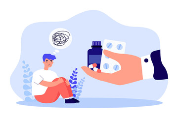 Hand giving pills to sad man with confusion in head. Antidepressant saving tiny person from depression flat vector illustration. Medicine, stress concept for banner, website design or landing web page