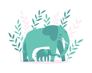 Vector flat illustration with cute elephants on a white background. Mother's Day greeting card