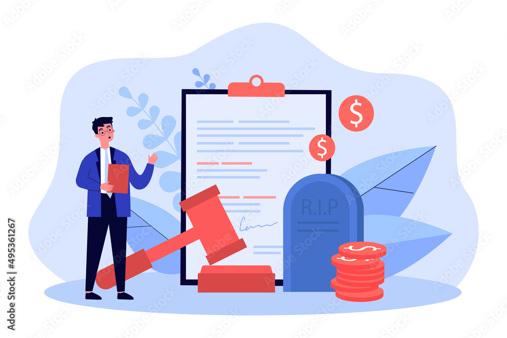 Poster attorney working with act of inheritance and testament. tiny man standing near tombstone, document a