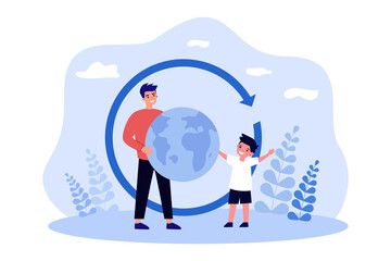Father turning Earth globe to show son travel locations. Hands of man rotating planet in circle flat vector illustration. Journey, trip, tourism concept for banner, website design or landing web page