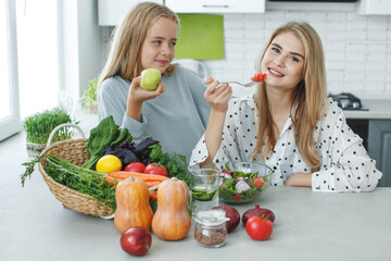 Healthy food woman. Girls girlfriend eats a salad. High quality photo