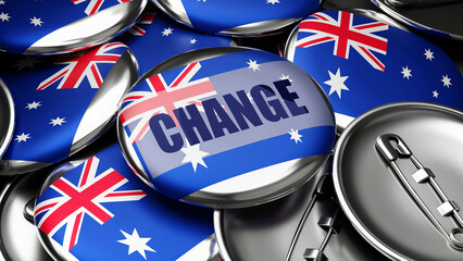 Change in Australia - national flag of Australia on dozens of pinback buttons symbolizing upcoming Change in this country. , 3d illustration