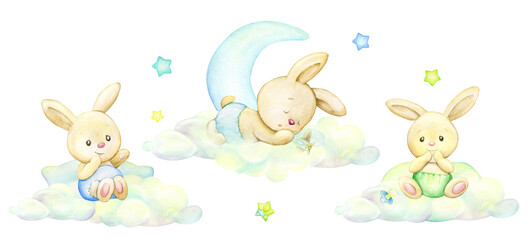 cute bunnies, clouds, moon. Watercolor set, cliparts, with animals, in cartoon style, on an isolated background.