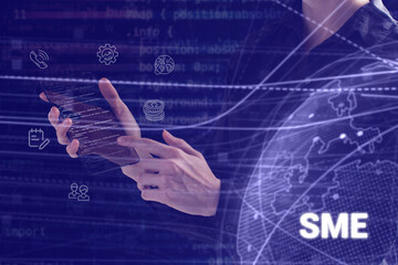 Business, technology, internet and network concept. Young businessman thinks over the steps for successful growth: SME