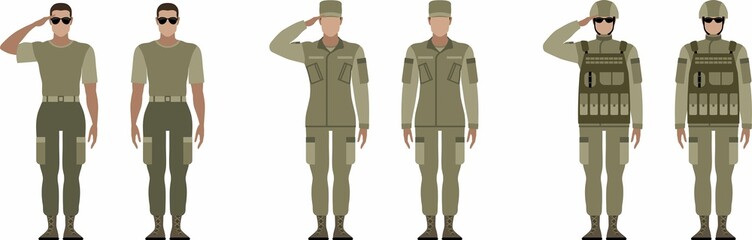 Woman in military uniform. Flat vector illustration of a soldier salute. - obrazy, fototapety, plakaty