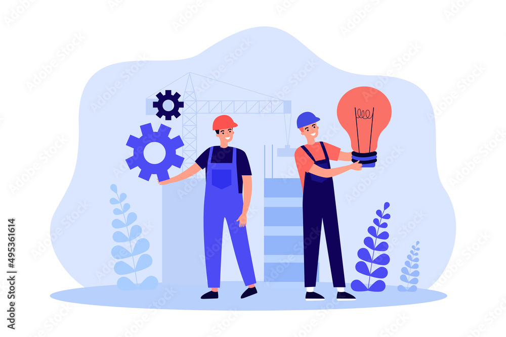 Poster innovation and new projects from tiny construction workers. male characters holding gear and light b