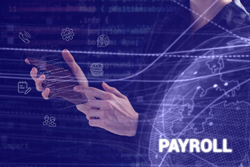 Business, technology, internet and network concept. Young businessman thinks over the steps for successful growth: Payroll