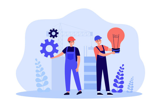 Innovation and new projects from tiny construction workers. Male characters holding gear and light bulb flat vector illustration. Development concept for banner, website design or landing web page