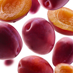 Red plums levitate on a white background