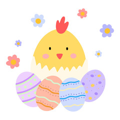ute Easter vector card. Easter chick and easter eggs Illustration in scandinavian style for Card, Greeting, Banner.