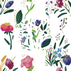 Seamless pattern with wildflowers on watercolor paper background.