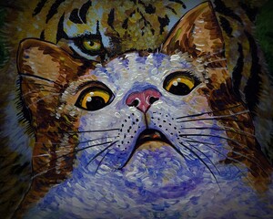 Shocked cat oil painting on scary tiger background