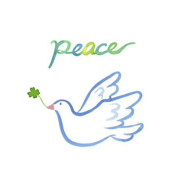 平和のハト　緑色の文字で書いたピース　水彩イラスト