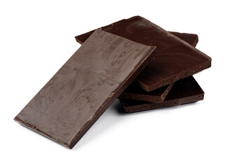 Small dark chocolate pieces isolated on white background