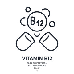 Vitamin B12 cobalamin capsule editable stroke outline icon isolated on white background flat vector illustration. Pixel perfect. 64 x 64.