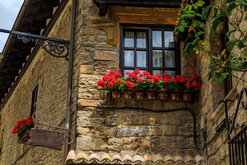 Stone house facades in Pamplona Spain, town famous for bull running