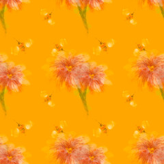 Beautiful seamless pattern of flower and bee, dry brush painting, warm tone, hand drawn painted, orange background.