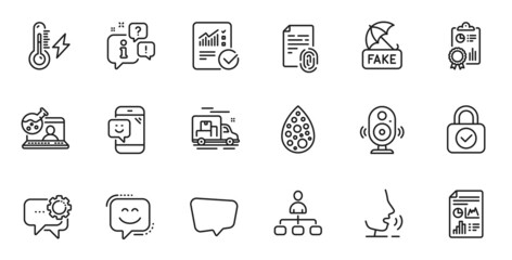 Outline set of Online chemistry, Management and Smile face line icons for web application. Talk, information, delivery truck outline icon. Include Report document, Inspect, Smile icons. Vector