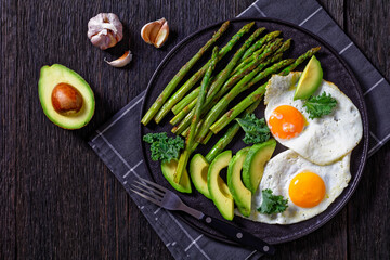 roast asparagus, ripe avocado and fried eggs