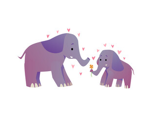 Parent elephant with his baby showing love, flat vector illustration isolated.