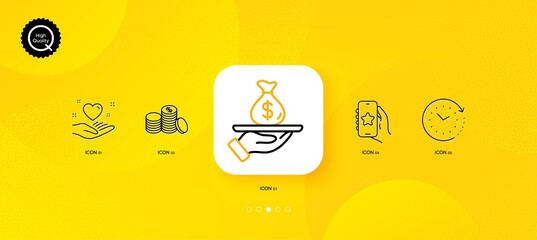 Fototapeta na wymiar Loan, Banking money and Hold heart minimal line icons. Yellow abstract background. Favorite app, Time change icons. For web, application, printing. Financial mortgage, Cash finance, Friendship. Vector