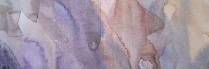 Hand painted watercolor texture with smudges, blots and stains. Panorama background.