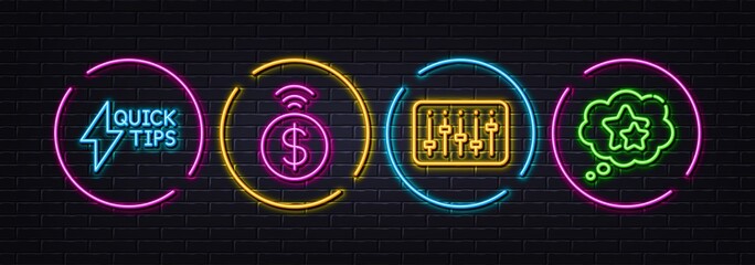 Contactless payment, Dj controller and Quickstart guide minimal line icons. Neon laser 3d lights. Ranking stars icons. For web, application, printing. Vector