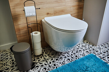Ceramic toilet bowl and toilet paper in bathroom interior