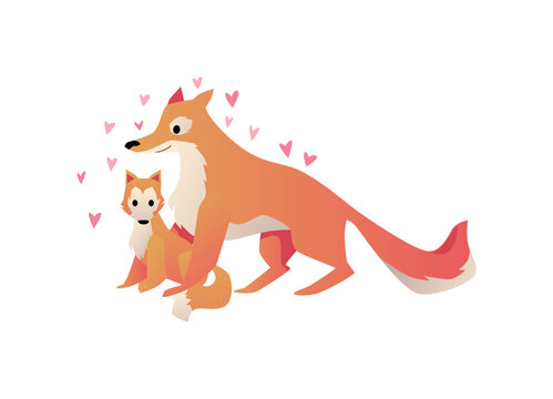 Adorable foxes mother and child with hearts, flat vector illustration isolated.