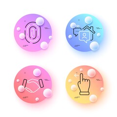 Touchscreen gesture, Handshake and Work home minimal line icons. 3d spheres or balls buttons. Fingerprint icons. For web, application, printing. Slide left, Deal hand, Freelance work. Vector