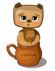 Funny Teddy Bear sits in a brown ceramic coffee mug. Cute comedian animal. Flat cartoon style. Childrens illustration clipart isolated on white background. Vector