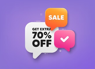 Get Extra 70 percent off Sale. 3d bubble chat banner. Discount offer coupon. Discount offer price sign. Special offer symbol. Save 70 percentages. Extra discount adhesive tag. Promo banner. Vector