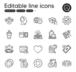 Set of Business outline icons. Contains icons as Credit card, Car travel and Settings gears elements. Hold box, Heart, Takeaway web signs. Recovery gear, Stress, Payment methods elements. Vector
