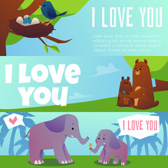 Cards or flyers with loving animals mothers and kids, flat vector illustration.