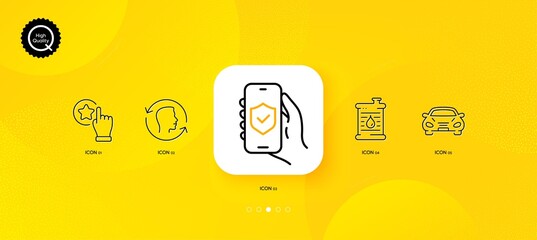 Fototapeta na wymiar Car, Rate button and Face id minimal line icons. Yellow abstract background. Oil barrel, Security app icons. For web, application, printing. Transport, Favorite, Identification system. Vector