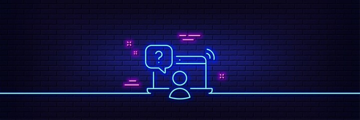Neon light glow effect. Online question line icon. Ask help sign. Outsource support symbol. 3d line neon glow icon. Brick wall banner. Online question outline. Vector