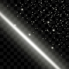 Line with flares and dust isolated on transparent background. Silver glowing underline with dust and highlights. Glowing vector light effect.