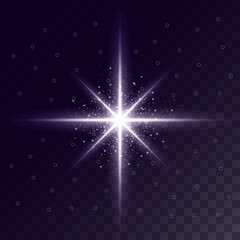 Silver star with sparkles. A bright flash in the sky. Vector transparent glow light effect.