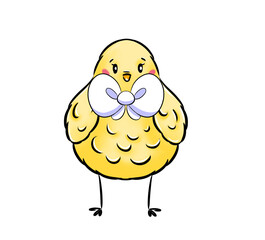 Awesome digital illustration of Easter symbol cute Easter chick with nice white bow isolated on the white background