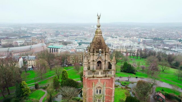 Aerial View Flying Towards Cabot Tower In Bristol With Pan Across City Landscape Views