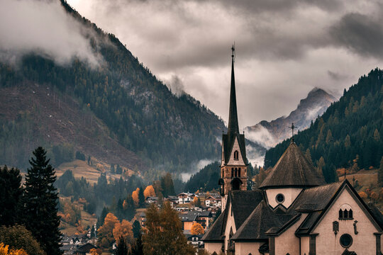 church in the mountains on a rainy autumn day
