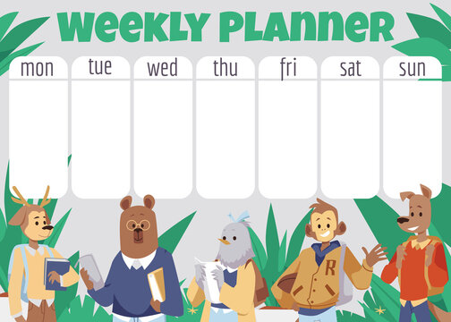 Weekly Planner For School And College Template Flat Vector Illustration.