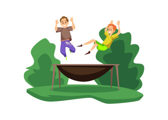 Kids having fun jumping on trampoline in park flat vector illustration isolated.