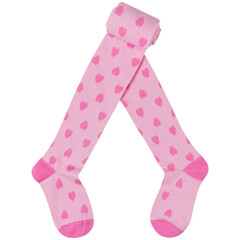 pink children's tights with a pattern of many hearts, half folded, on a white background