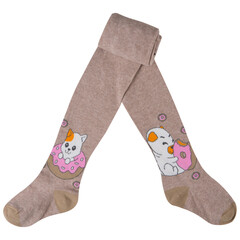 brown children's tights with a cute puppy and kitten pattern, half folded, on a white background