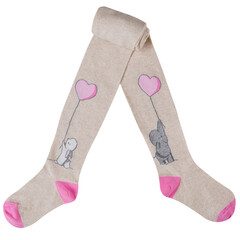 beige children's tights with cute elephant and hare pattern, with pink toe and heel, half folded, isolate