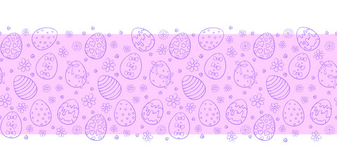 Vector cute edging, ribbon, border from outline Easter eggs, flowers in doodle style. Seamless pattern, tradition ornament, decoration for holidays, spring, children