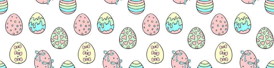 Vector seamless pattern with colorful Easter eggs. Hand drawn doodle, holiday backgrounds and textures with decorative elements